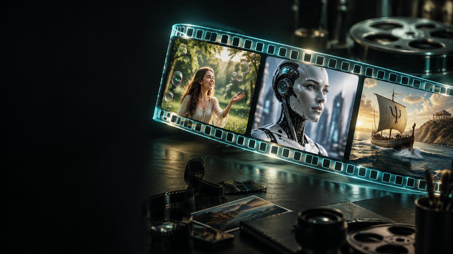 Illusztratív filmes jelenetek egy fénylő filmszalagon